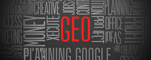 Infografía minimalista con la palabra GEO resaltada en rojo sobre una nube de conceptos de marketing digital y estrategia para el blog de Nona Marketing.